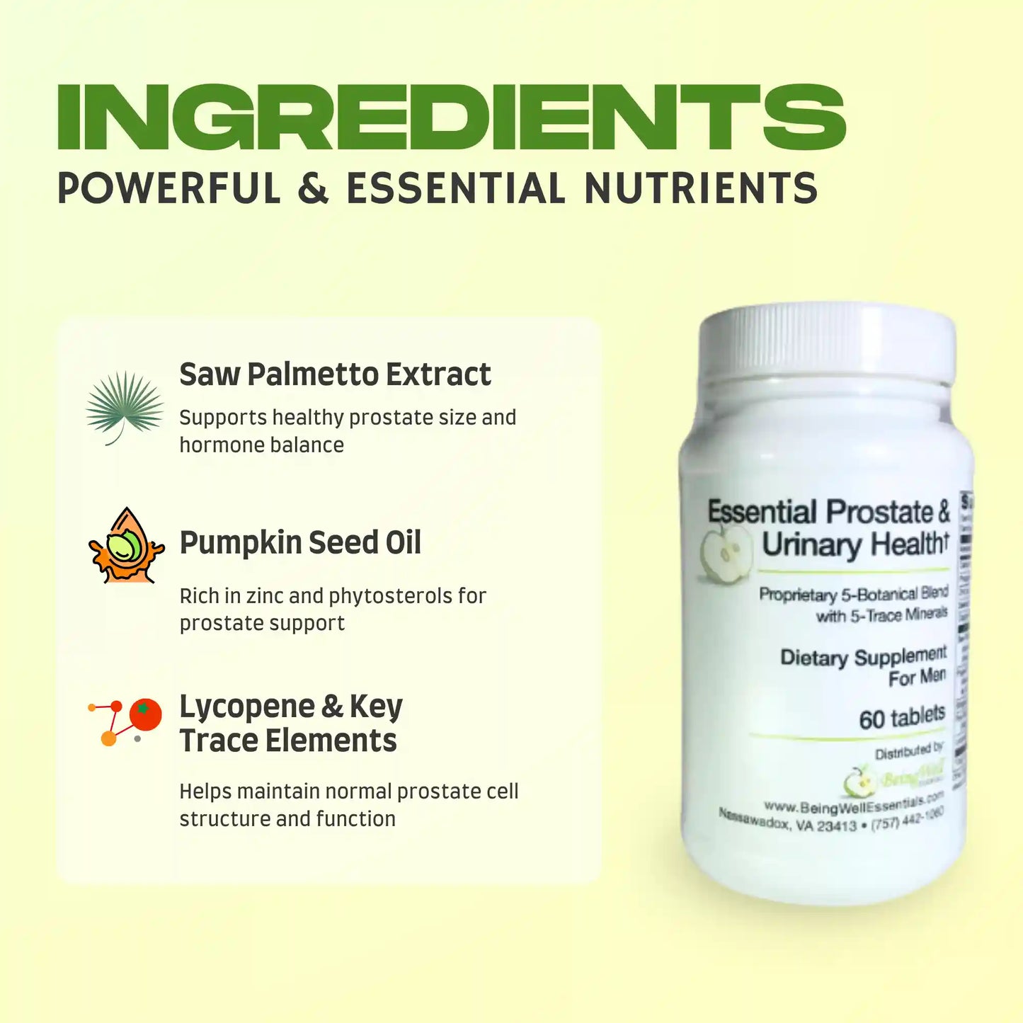 Prostate and Urinary Health Nutrition Supplement for Men | Supports Urinary & Prostate Health | 60 Capsules by Being Well Essentials