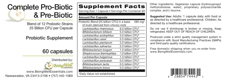 Complete Pro-Biotic & Pre-Biotic Blend of 12 probiotic strains 25 billion CFU per capsule