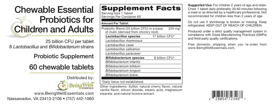 Chewable Essential Probiotics for Children & Adults - 60 tablets by Being Well Essentials