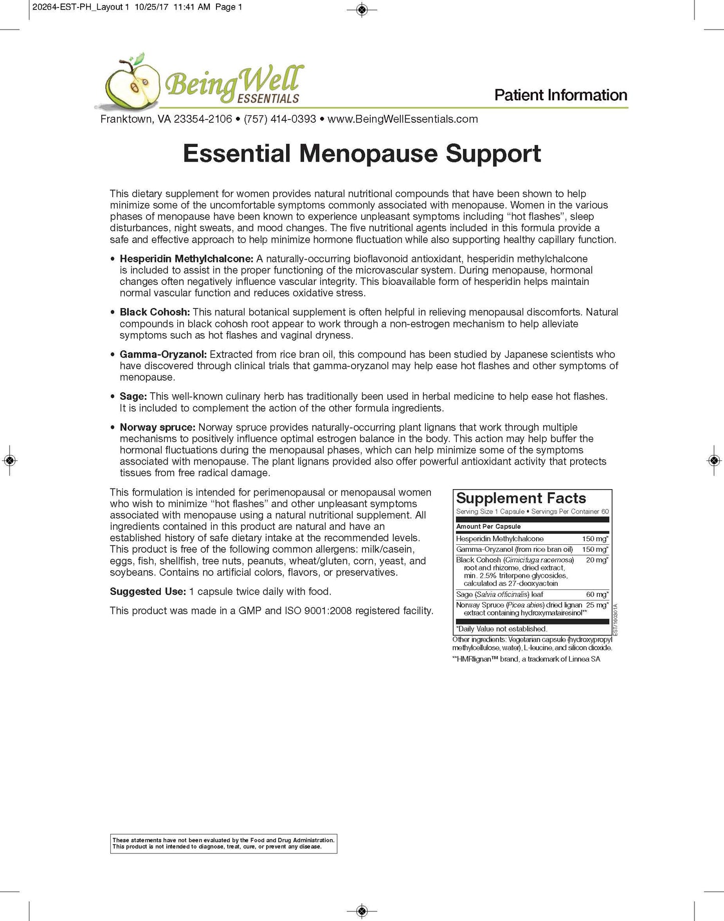 Essential Menopause Support with Black Cohosh dietary supplement for Women 60 capsules