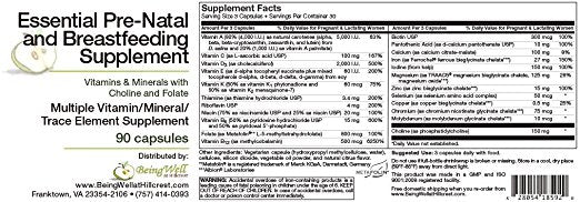 Essential Pre-natal and Breastfeeding Supplement Vitamins & Minerals with Choline and Folate Trace Element Supplement 90 Capsules