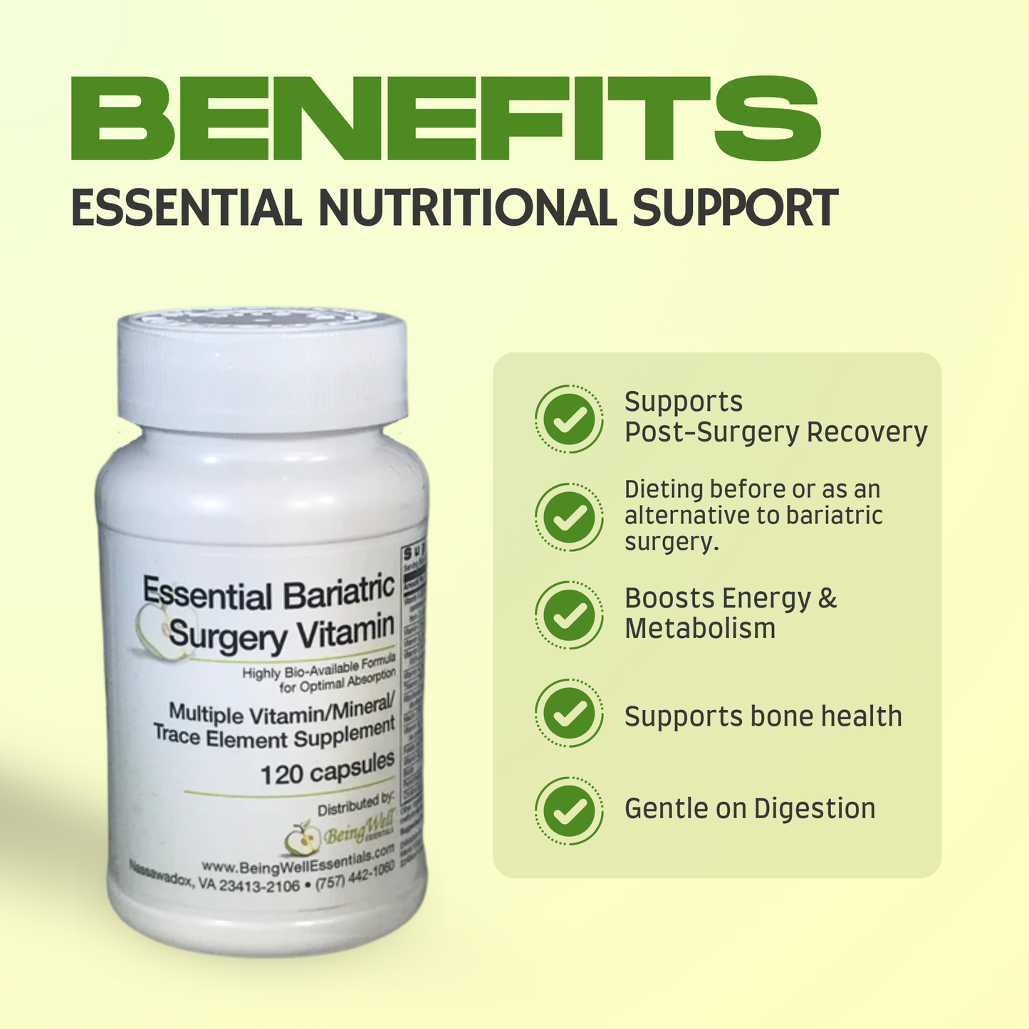 Bariatric Multivitamin with Iron – High Potency post surgery Supplement - 28 Essential Nutrients - Highly Bio-Available Formula -120 Capsules by Being Well Essentials