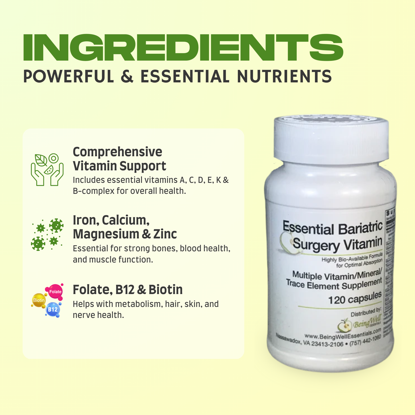 Bariatric Multivitamin with Iron – High Potency post surgery Supplement - 28 Essential Nutrients - Highly Bio-Available Formula -120 Capsules by Being Well Essentials
