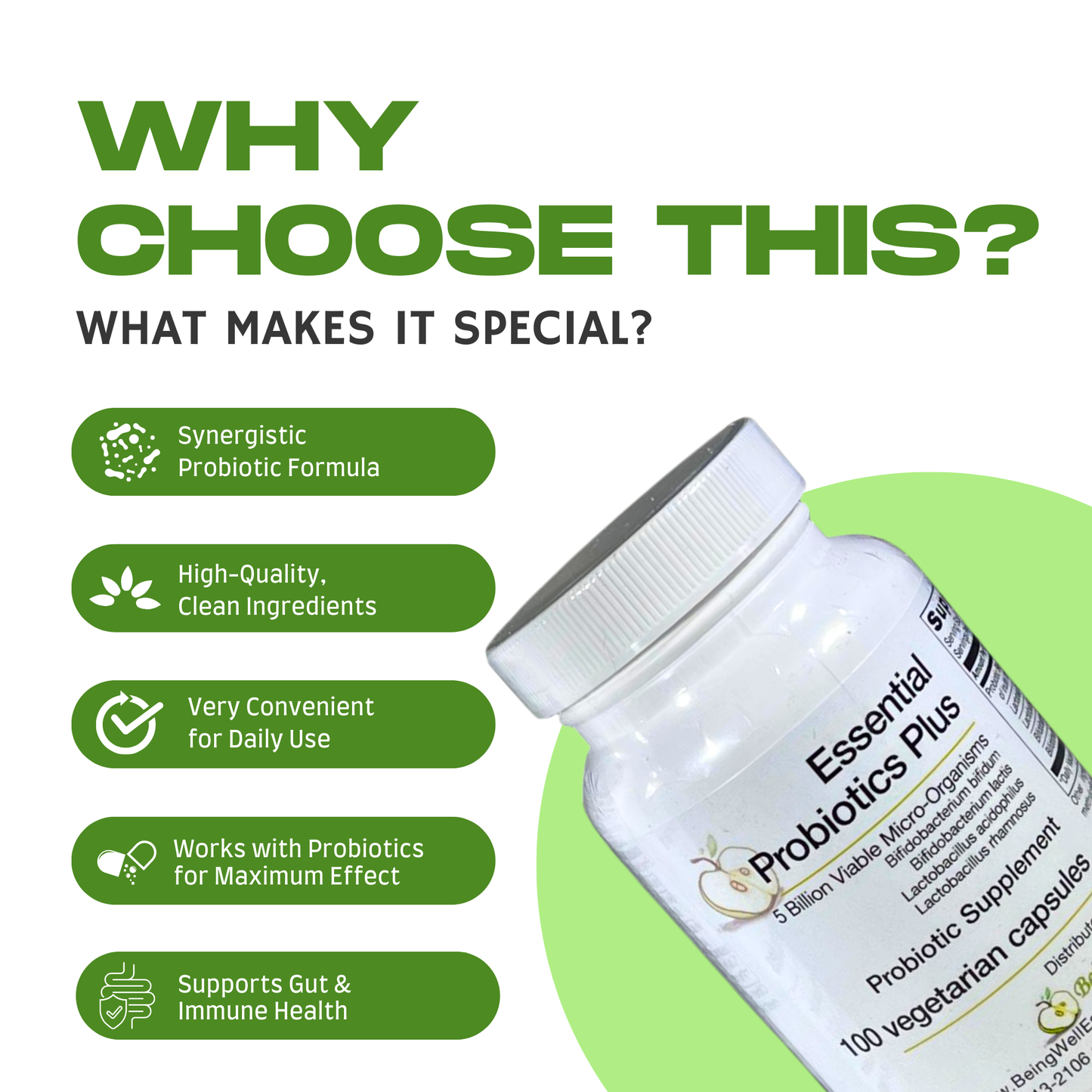 Essential Probiotics Plus - No Refrigeration Required - 100 vegetarian capsules