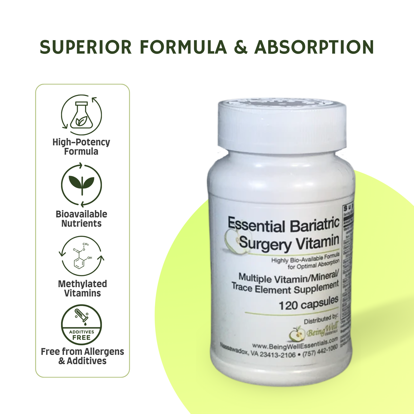 Bariatric Multivitamin with Iron – High Potency post surgery Supplement - 28 Essential Nutrients - Highly Bio-Available Formula -120 Capsules by Being Well Essentials