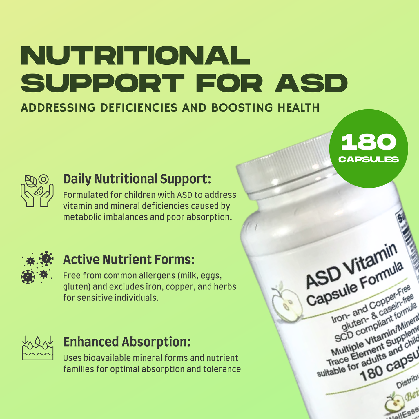 ASD Vitamin Capsule Formula – Best Vitamins for Kids & Adults with Autism | Vitamin A & B12, Collagen Peptides | SCD & GFCF Compliant | Being Well Essentials