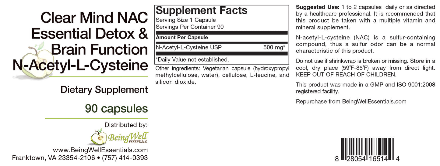 Clear Mind NAC Essential Detox & Brain Function N-Acetyl-L-Cysteine - Dietary Supplement - 90 capsules