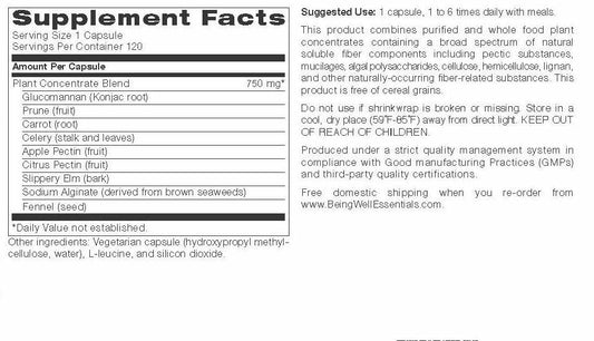 Essential Hypo-allergenic Broad Spectrum Fiber - FREE of bran, cereal grains, and psyllium - 120 vegetarian capsules