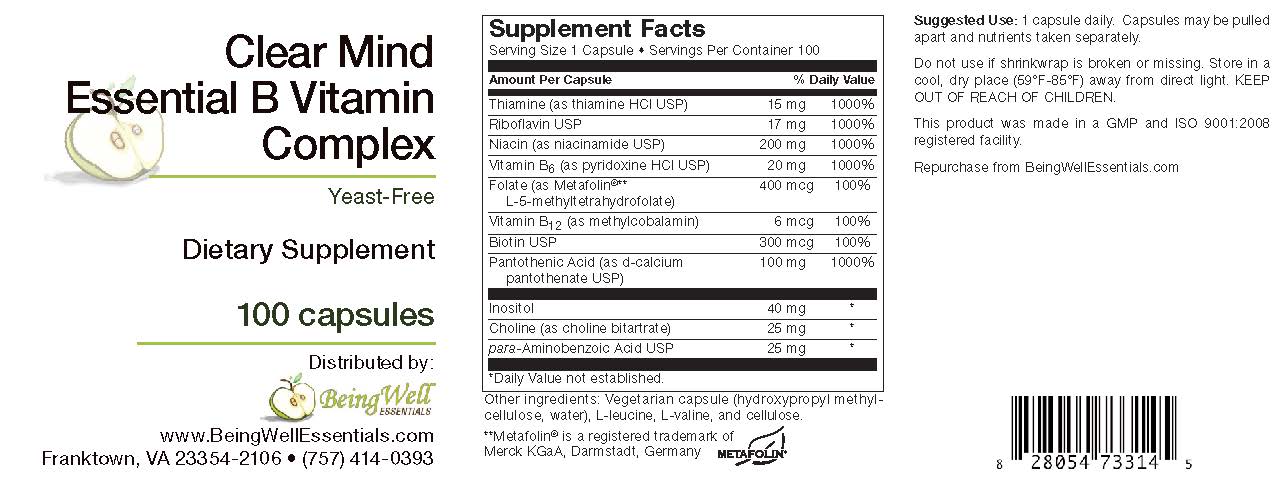 Clear Mind Essential B VITAMIN COMPLEX - 100 capsules- Yeast Free