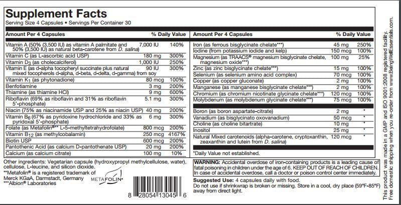Bariatric Multivitamin with Iron – High Potency post surgery Supplement - 28 Essential Nutrients - Highly Bio-Available Formula -120 Capsules by Being Well Essentials