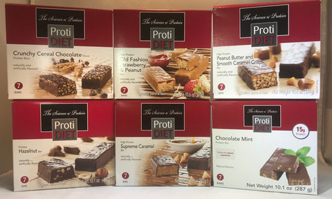 6 flavors of healthy bars, chrunchy cereal chocolate, old fashioned strawberry and peanut, peanut butter smooth crisp, hazelnut, chocolate mint, supreme caramel