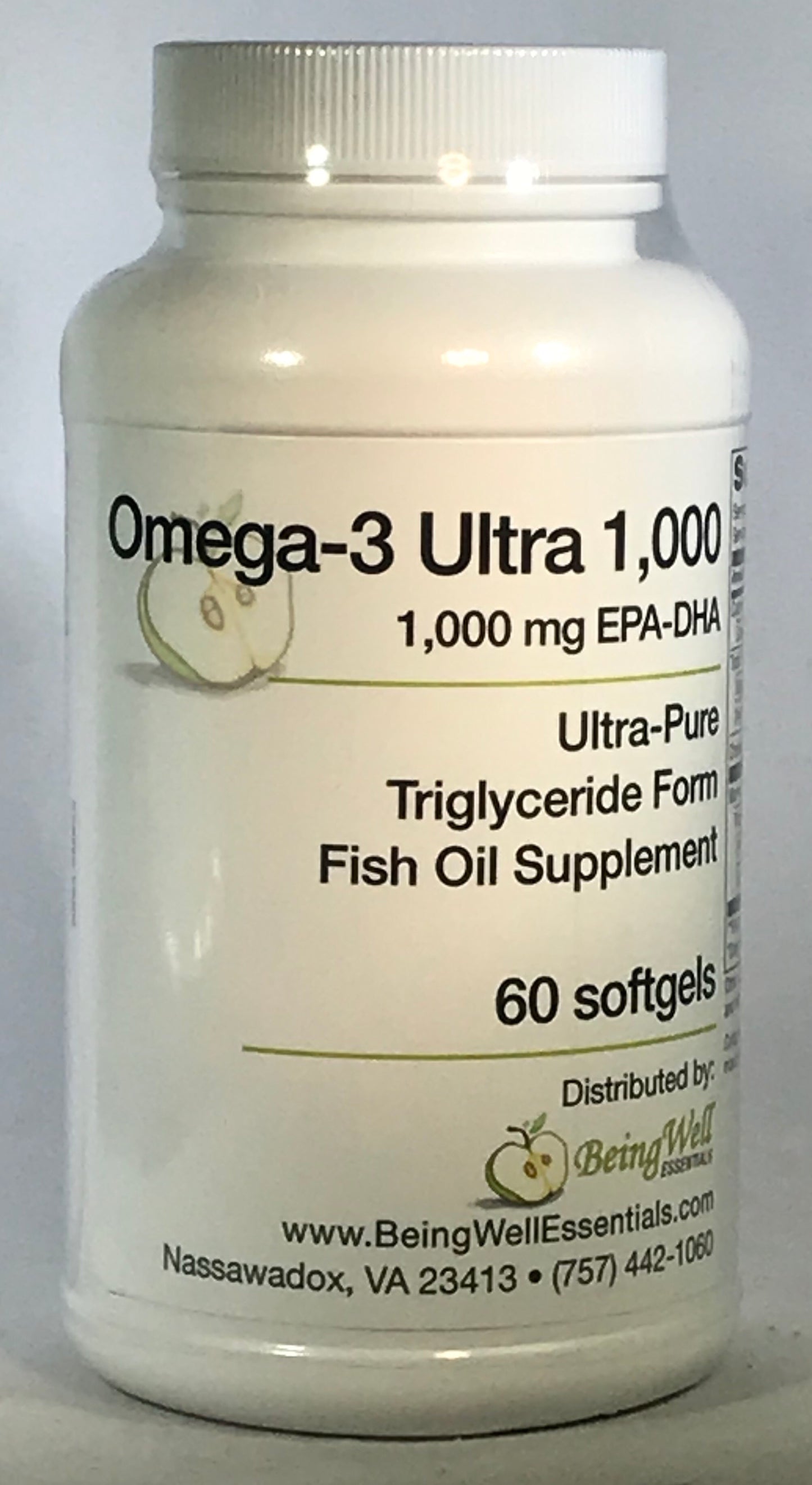 Omega-3 Ultra 1,000 mg EPA-DHA Ultra-Pure Triglyceride Form Fish Oil Supplement -Maximum Potency Ultra-Pure Fish Oil Supplement  60 Soft gels